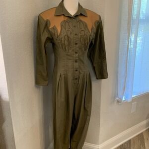 Vtg Jon Wesley Western Army Green Jumpsuit 1980s Women's Sz 8 Rockabilly